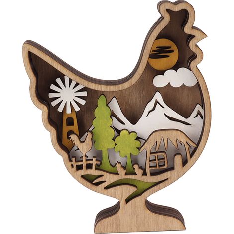 Statue lumineuse de poulet en bois sculpté à la main, en 3D, creuse, ornant la décoration de Pâques (1/5)