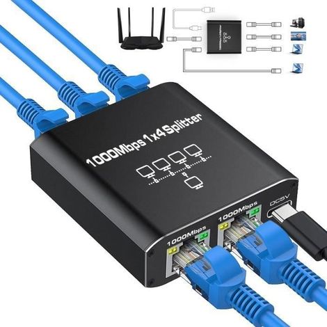 Switch Ethernet RJ45, Répartiteur LAN 1 vers 4 1000 Mbps LAN Switch 4 ports pour Ordinateurs, Routeurs, Décodeurs, Téléviseurs (1/5)