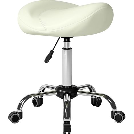 Taburete ajustable tipo silla de montar con piel sintética, color blanco crema.