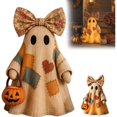 Light-Up Patchwork-Style Halloween Decoration: Ghost with Pumpkin Lantern — Rustic Autumn Accent for Mantels, Shelves or Porches (Height: 25.5 cm) (1/5)