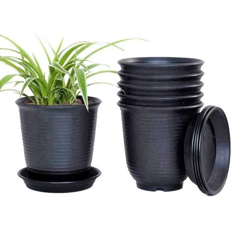 6er Set Kunststoff Blumentöpfe mit Untersetzer, 15.5cm, Schwarz (1/5)