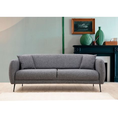 Canapé moderne 3 places tissu gris et pieds métal noir Kezila 214cm (1/3)