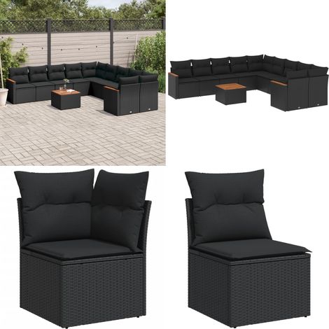Salon de jardin 11 pcs avec coussins noir résine tressée - Ensemble Salon De Jardin - Mobilier De Jardin - Canapé Extérieur - Table De Jardin - Chaise Lounge - Home & Living