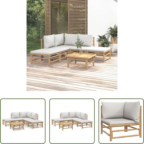 Bambusmöbel -  6-tlg. Garten-Lounge-Set mit Hellgrauen Kissen Bambus (1/5)