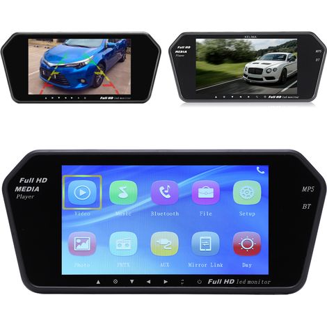 Moniteur de voiture MP5 de 7 pouces avec rétroviseur, boutons tactiles Bluetooth, moniteur de recul AV à double canal (livré sans batterie), caméra non incluse. (1/5)