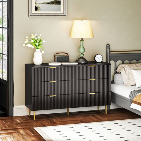 Commode 6 tiroirs commode chambre meuble de rangement moderne avec poignées et pieds dorés. 120 x 40 x 76.5 cm. noir