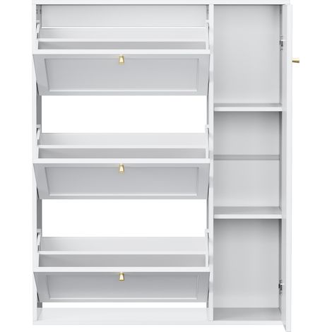 Schmaler Schuhschrank mit 3 Klappen und 1 Tür, weiß, 90x25x114 cm (1/5)