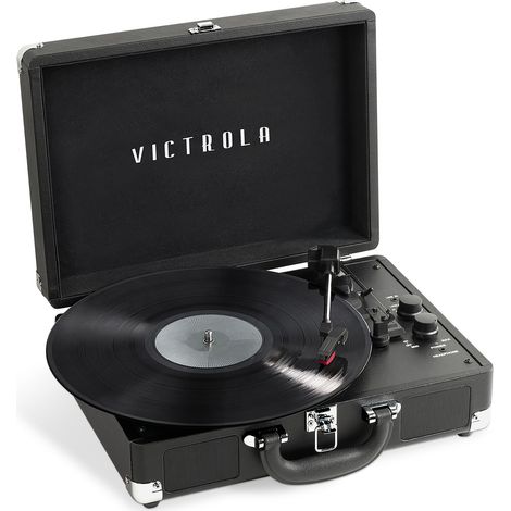 Plattenspieler deVictrola Journey+ Premium de 3-Gang mit eingebauten Stereo-Lautsprechern, unterstützt RCA-Ausgang, Aux-in, Schwarz