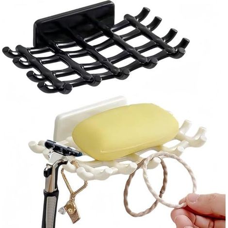 Lot de 2 - Porte-savon mural de douche - Porte-savon auto-drainant avec crochets - Fixation murale autocollante - Installation sans perçage - Porte-savon - Rouge