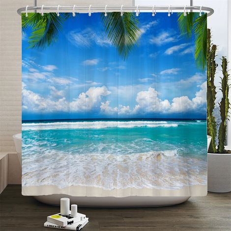 Rideau de douche 3D motif plage, rideau de salle de bain mer Méditerranée, tissu imperméable, 240 x 180 cm