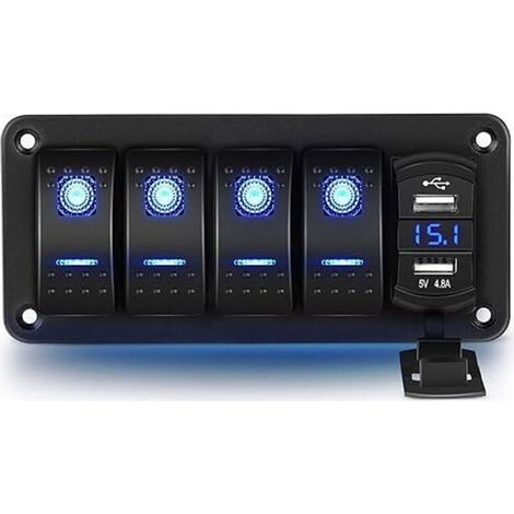 Panneau d'interrupteurs à bascule 4 gangs 12 V/24 V Interrupteur à bascule étanche avec double prise de chargeur USB pour voitures et bateaux (1/4)
