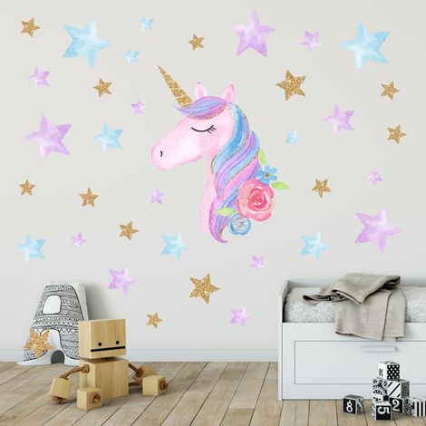 Sticker mural licorne - Sticker licorne amovible avec étoiles (1/5)