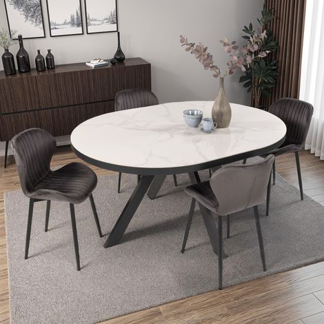 M&S – Ensemble table ovale céramique effet marbre blanc – 4 chaises velours gris – Structure métallique thermosoudée – Dimensions 160-200 x 120 x 76 cm