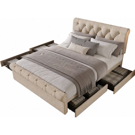 Lit double 140x200 cm capitonné avec 4 tiroirs, tête de lit réglable et style Chesterfield, structure métal et bois, sans matelas, idéal pour chambre parentale  CHICFURN (1/5)