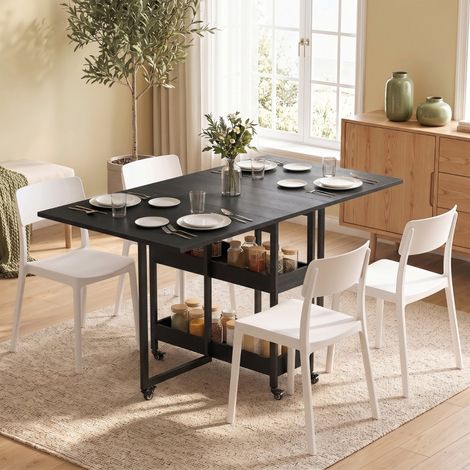 Mesa de comedor plegable de diseño industrial, para hasta 4 personas, estantes abiertos, flexible, metal, aglomerado, negra. (1/5)