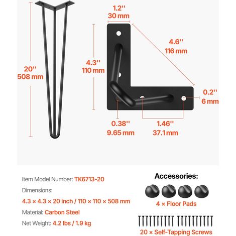 Pieds de table en épingle à cheveux de 50,8 cm Ensemble de pieds de table en épingles 4 Pc Pieds de table en épingle à cheveux en acier avec 3 Tiges (1/5)