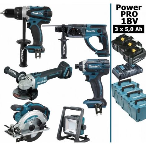 Pack Makita Power PRO 6 outils 18V: DDF458 + DHR202 + DGA504 + DTD152 + DSS610 + Projecteur + 3 batt 5Ah + 4 Coffrets (1/5)