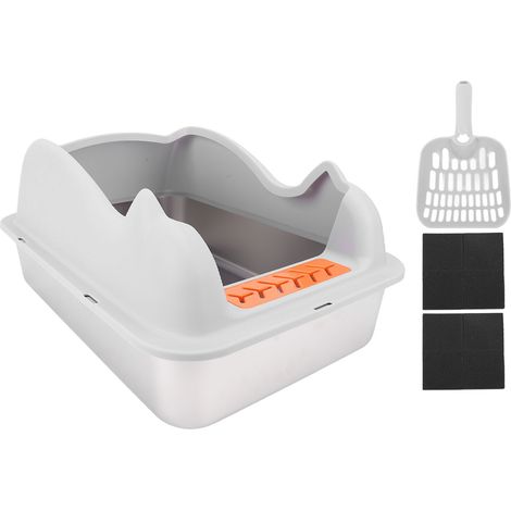 Boîte litière pour chat en acier inoxydable avec couvercle facile propre anti haute face grand métal chaton lumière gris (1/5)