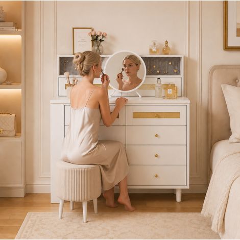Coiffeuse avec miroir, 10 tiroirs et meuble à bijoux, plateau en verre trempé, rangement spacieux, design 3-en-1 avec étagère latérale, blanche, 105 x 50 x 107,5 cm CHICFURN (1/5)