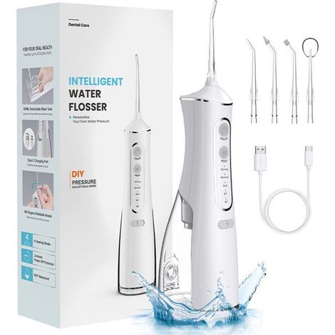 Hydropulseur sans Fil - 300 ml - 4 Modes - 5 Buses - Étanchéité Ipx7 - Rechargeable - pour Nettoyage Dentaire - Blanc - 1 Pièce (1/5)