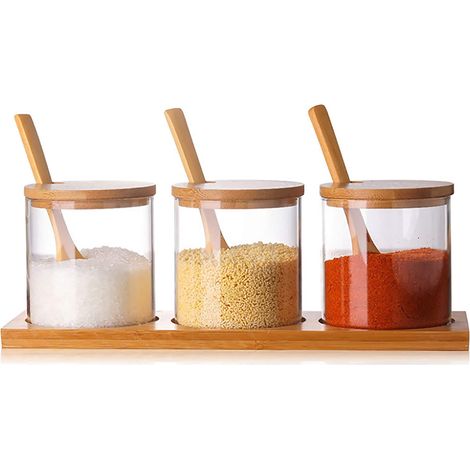 Boîte À Épices - Bocal En Verre Borosilicaté 300 ml Avec Couvercle Et Cuillère En Bambou - Lot De 3 + Support En Bambou (1/5)