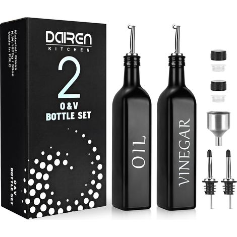 Distributeurs d'huile et de vinaigre noir et blanc, olive avec support et bec verseur inoxydable, 500 ml, mignon et vintage verre cuisine de ferme (1/5)