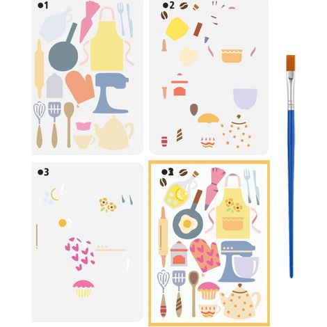 3 Pièces Pochoirs de Cuisine avec un Pinceau 15x20cm Pochoirs de Peinture d'Outils de Cuisines Superposés Gabarits de Dessin de Cuisson et Cuisine pour Décor Mural Bois Tissu Meuble (1/5)