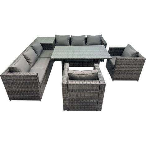 Fimous 8 Seater Outdoor Corner Sofa Chair Dining Table Set Garden Rattan Furniture Set with Side Table Dark Grey (1/5)