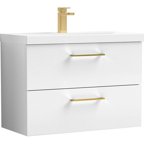 Balterley 800mm Wall Hung Bathroom 2 Drawer Vanity Unit and 1 Tap Hole Ceramic Basin, Gloss White with Brushed Brass Handles