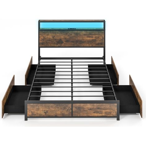Letto matrimoniale con cassetti e testiera con led e presa multipla, Struttura letto in metallo 216x144x102cm (1/4)