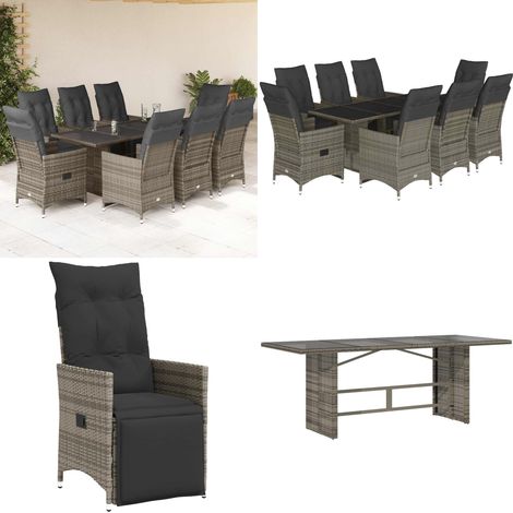 Ensemble de bistro de jardin 9 pcs coussins gris poly rotin - Meubles De Jardin - Salon De Jardin - Set De Bistrot - Fauteuil Inclinable - Résine Tressée - Home & Living (1/5)