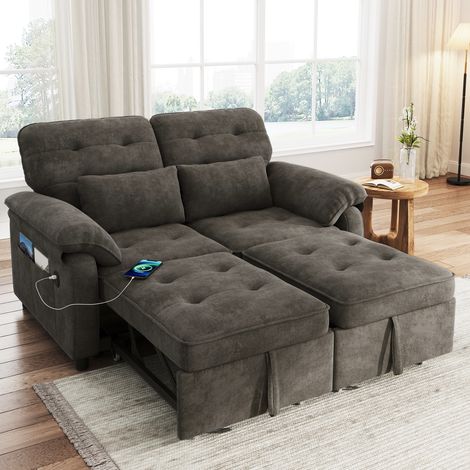 Canapé convertible 2 places, avec dossier inclinable – Mécanisme transformable en lit, port USB intégré, velours chenille – 2 coussins inclus, Gris (1/5)
