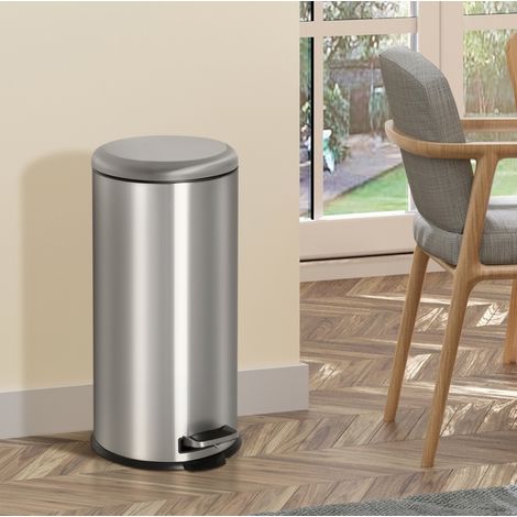Cubo de basura con pedal 30 L de acero inoxidable, tapa basculante, plateado DESVIAE (1/5)