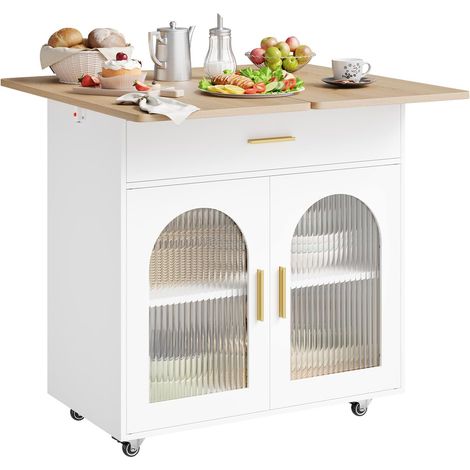 WOLTU Desserte avec Tiroir en Bois d'Ingénierie, Îlot de Cuisine sur roulettes avec Plateau Flexible, 80 x73 x73,5 cm, Chêne + Blanc