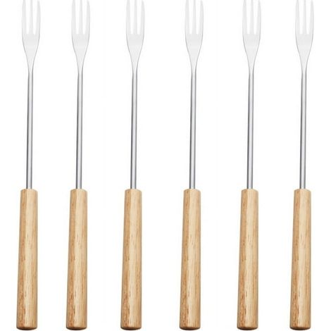 Lot de 6 fourchettes BBQ en bois manche 26,5cm, piques à rôtir pour camping, pique-nique, guimauve, acier inoxydable, fourchettes à fondue fromage, chocolat, fruits. (1/5)