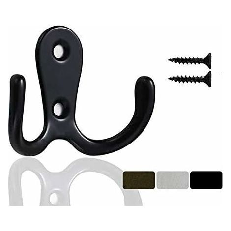 Lot de 10 crochets doubles en métal avec vis pour le rangement des vêtements, étagères, tiroirs et armoires (noir) (1/5)