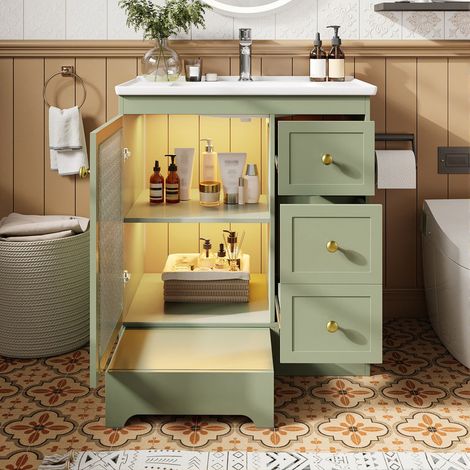 Meuble vasque avec LED et vasque céramique, Meuble salle de bain avec verre gaufré et poignées dorées et repose-pieds dissimulé – 80 x 50 x 87 cm