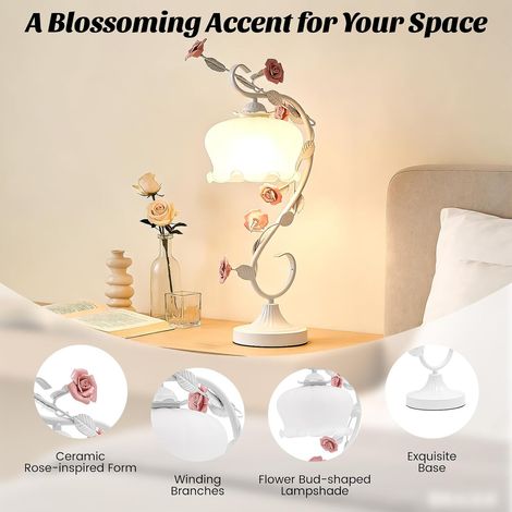 Lampe De Chevet Rose, Lampe À Poser Chambre, Abat-Jour Céramique Verre, Finition Blanc Rose, Ampoule E27 LED Incluse, Lumière Chaude Ambiance Romantique, Style Rural Campagne, 30x50cm (1/5)