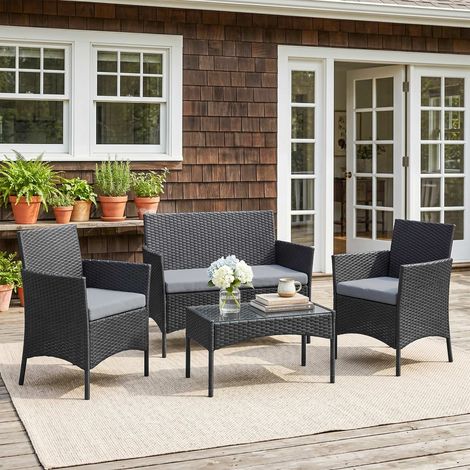 Salon de jardin 4 places en résine tressée gris, canapé et table basse verre trempé avec coussins inclus (1/5)