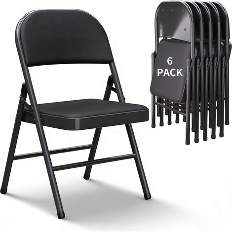 Set of 6 Portable Indoor Folding Chairs Faux Leather Dining Chairs with Metal Frame and Padded Seat Suitable for Home Office Reception Areas Guest Seating and Large Events Max. 145kg Black
