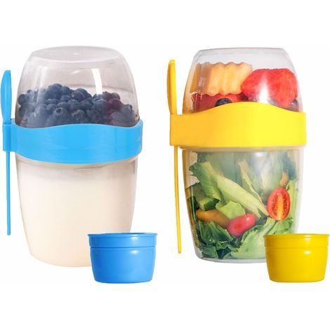 Overnight Oats Jar 870ml avec Cuillère et Couvercles, 2 Pièces Muesli a Emporter Réutilisable Tasses à Céréales à Yaourt Anti-fuite, Portable Bols Avoine ou Fruits, Salade (1/5)