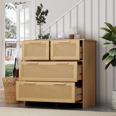 Cómoda de 4 cajones de ratán, MDF y madera, color natural 80 x 80 x 38 cm DESVIAE (1/5)