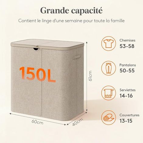 Laundry Basket with Lid Foldable with Compartments Removable Bags for Bedroom Bathroom Dorm Room Beige (1/4)