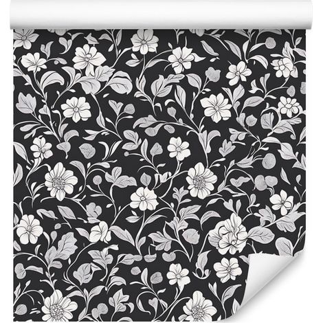 Papier peint à fleurs noires et blanches, graphite et gris, fond gris, 50 x 1000 cm (1/5)