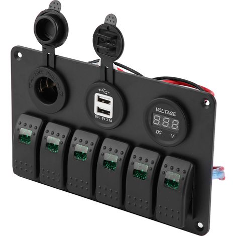 12V/24V LED-Wippschalterpanel mit 6 Schaltern für Boot/Auto, mit zwei USB-Anschlüssen, Voltmeter und Zigarettenanzünderanschluss (Grün) (1/5)