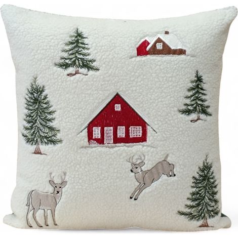 Federa Cuscino Arredo Tirolese con Cervo e Casina - Pile Agnellato Bianco Invernale 40x40 cm - Made in Italy