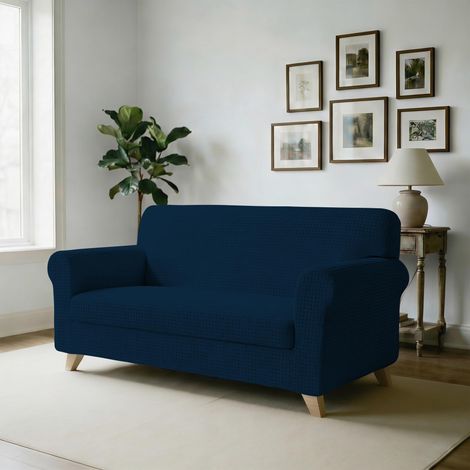 Housse de canapé élastique, 96% Polyester + 4% élastomètre, Bleu foncé, 3 Places (1/5)