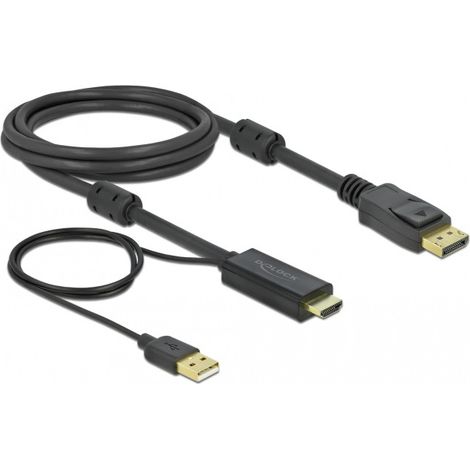 DELOCK HDMI M DisplayPort M 4K cable 2m powered by USB A M black (85964)