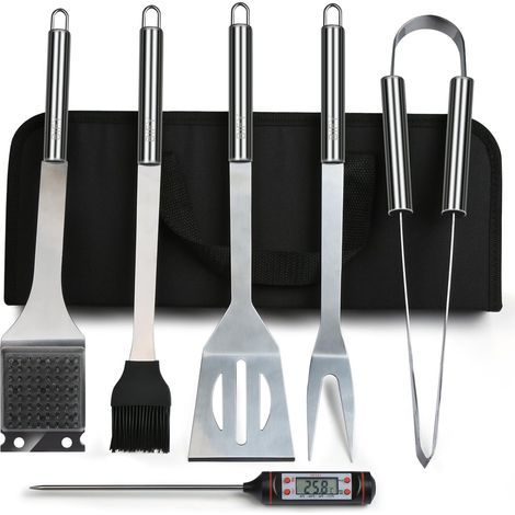 Étui à couverts de barbecue 6 en 1 + thermomètre de barbecue. Ensemble de couverts de barbecue en acier inoxydable, 6 pièces. (1/4)