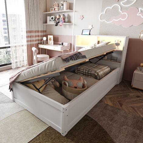 Multifunktionales Schlafsofa 90x200 cm mit Stauraum und LED-Beleuchtung, hydraulisches Einzelbett aus Massivholz mit Steckdose, Weiß (1/5)